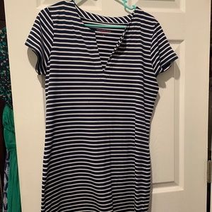 Navy blue and white stripe shift dress v-neck, knee length